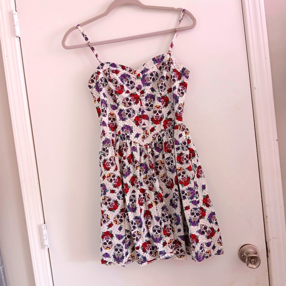 Hell Bunny White Dress with Red and Green Skull Floral Pattern